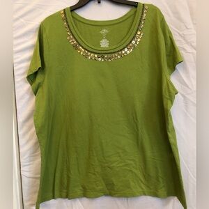 2X St. John's Bay Olive Green Short-Sleeve Tee with Copper colored Sequin Trim